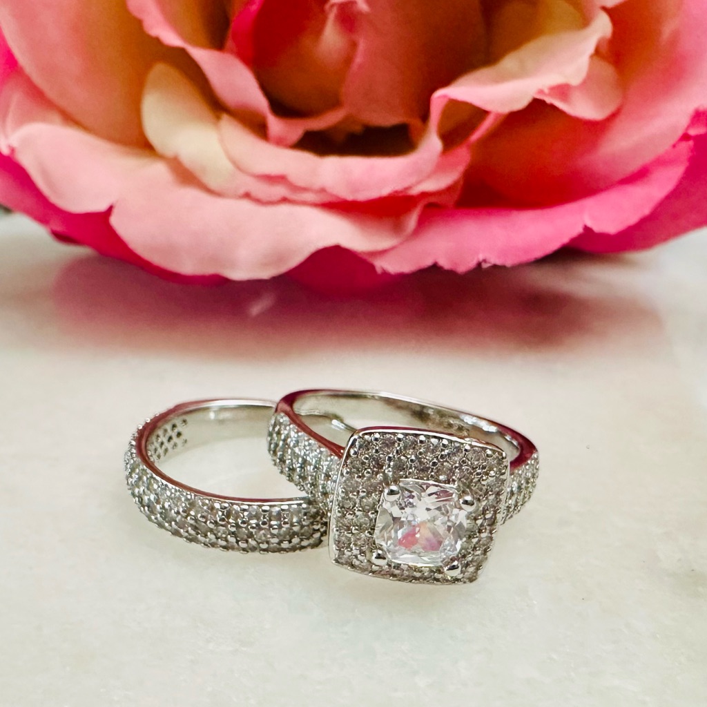 Sterling Silver White Cubic Zirconia Halo Engagement Ring Set Size 8